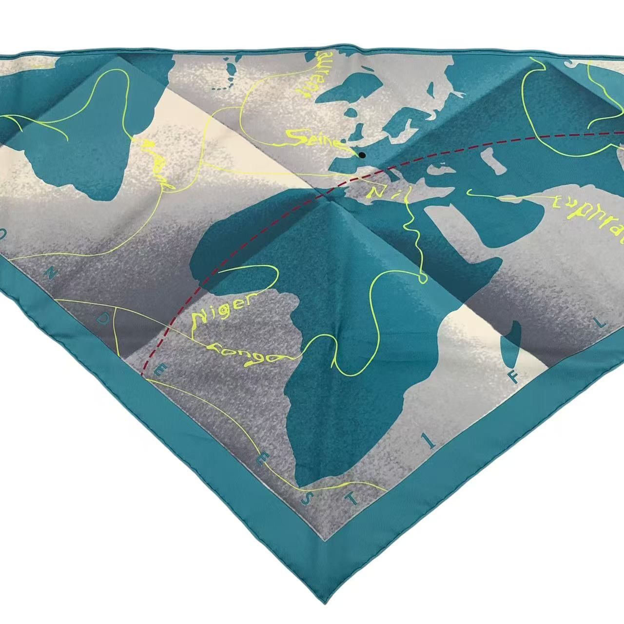 新品同様 HERMES エルメス カレ90 三角スカーフ 地図柄 シルク ブルー