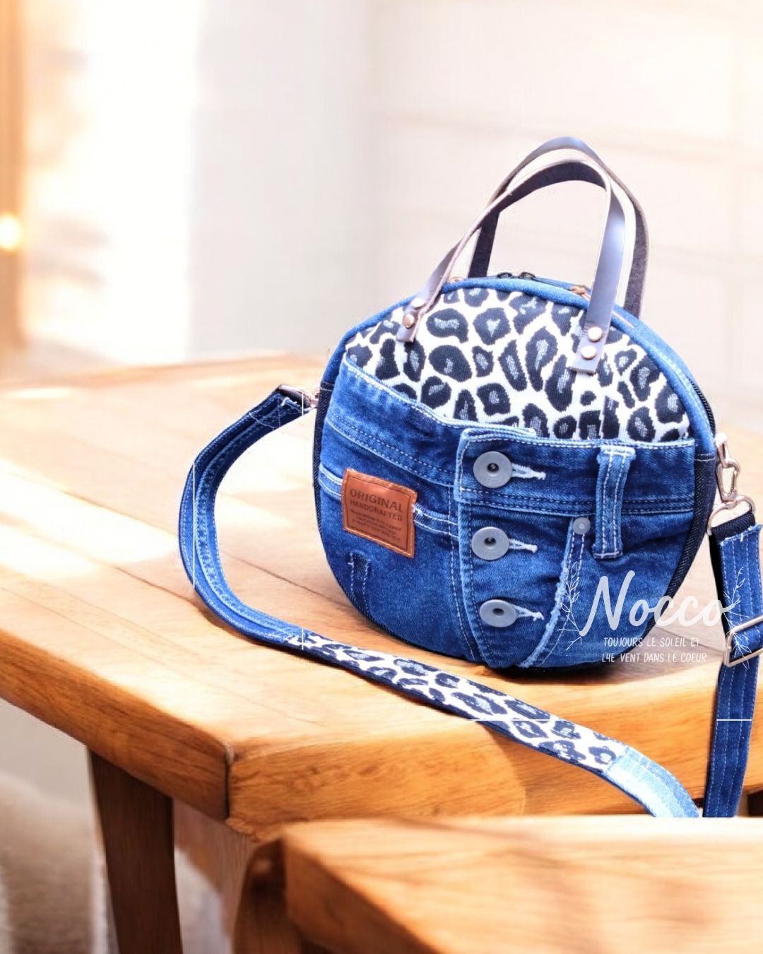 🆕№828【👖DENIM✖️🐆ヒョウ柄サークルバッグToteBAG⚮】1点もの