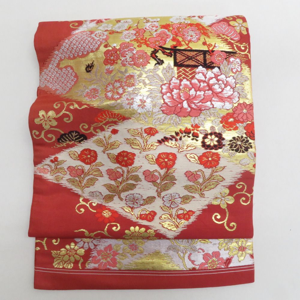 名古屋帯 アンティーク帯 昔名古屋帯 絹 朱色x金色 金糸 風景に花々