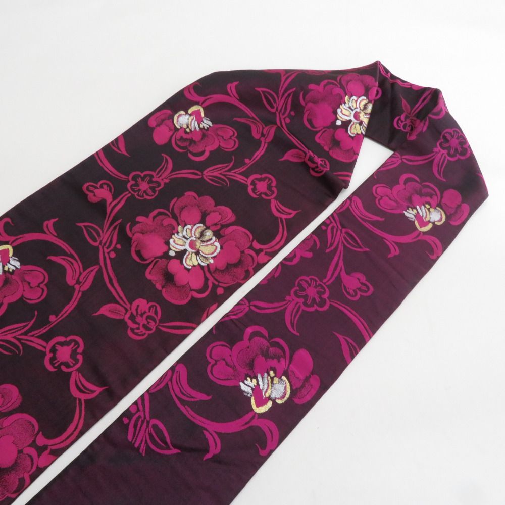 名古屋帯 アンティーク帯 唐草花紋様 六通柄 絹 マゼンタ色 金糸銀糸