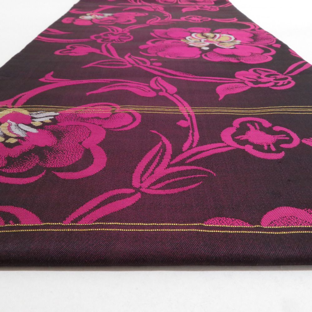 名古屋帯 アンティーク帯 唐草花紋様 六通柄 絹 マゼンタ色 金糸銀糸