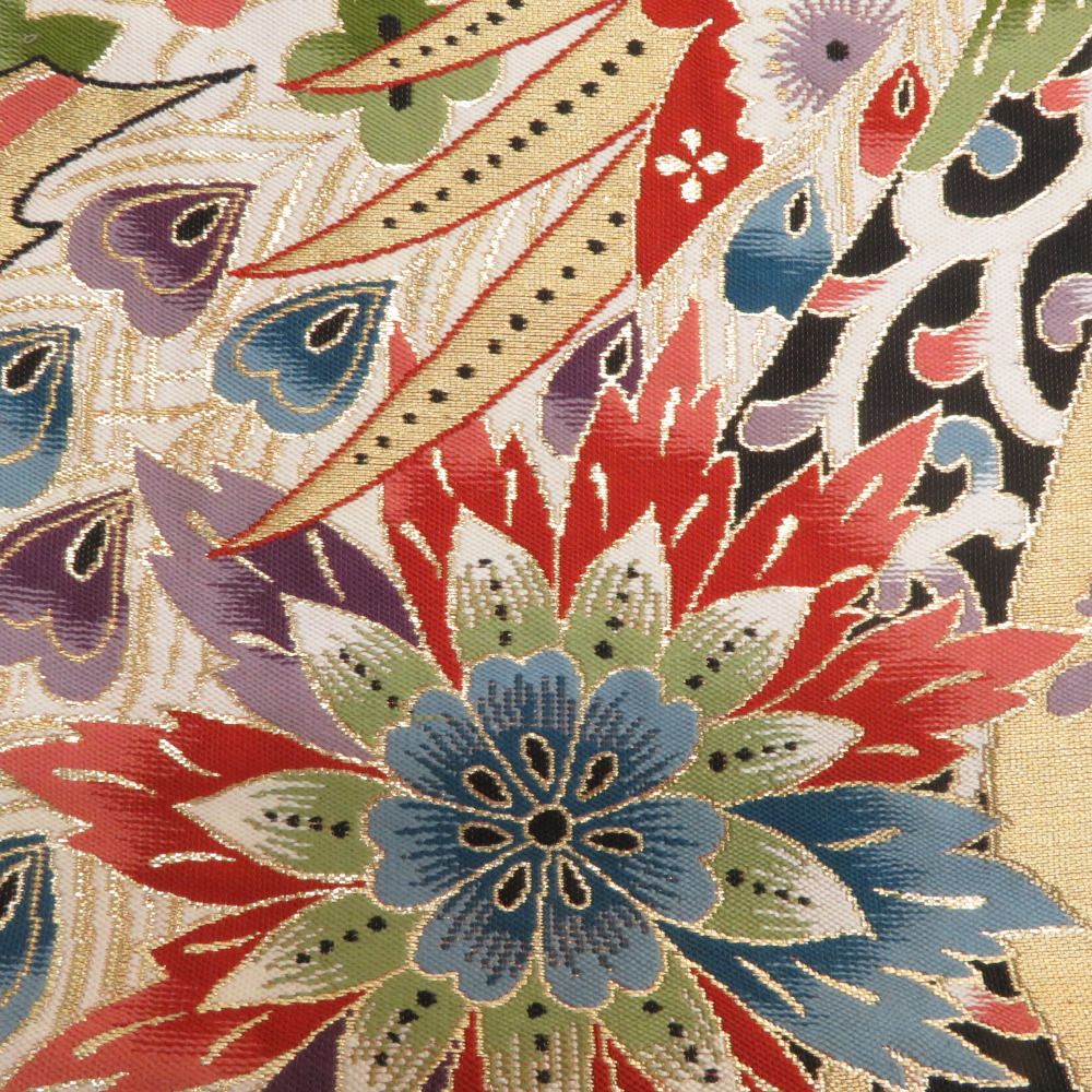 袋帯 昔袋帯 レトロ 孔雀に更紗文様 絹 オレンジ色x金色x多色 金糸