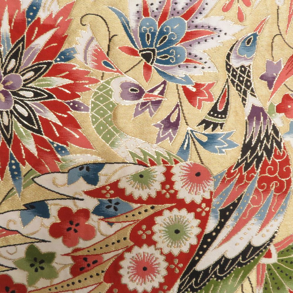 袋帯 昔袋帯 レトロ 孔雀に更紗文様 絹 オレンジ色x金色x多色 金糸