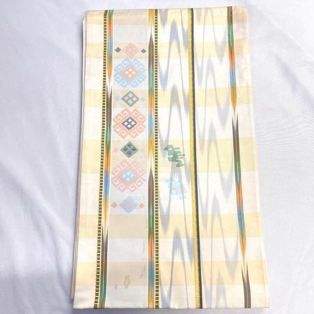 袋帯 紬 縦縞 絣 矢羽 抽象模様 動物 着物 104tz - メルカリ