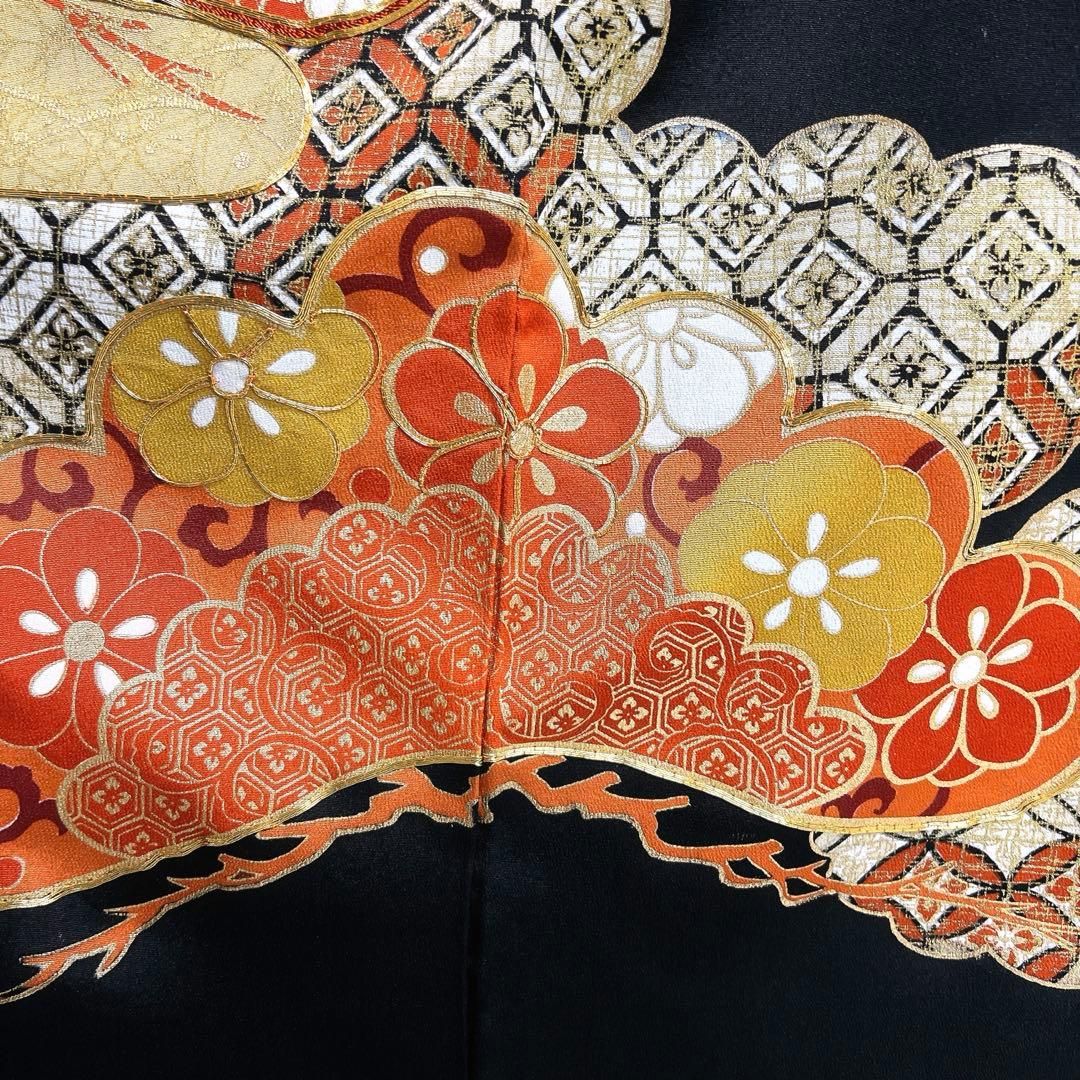 黒留袖 五つ紋 金駒刺繍 比翼付き 松 ヱ霞 菊花 青海波 着物 103tz