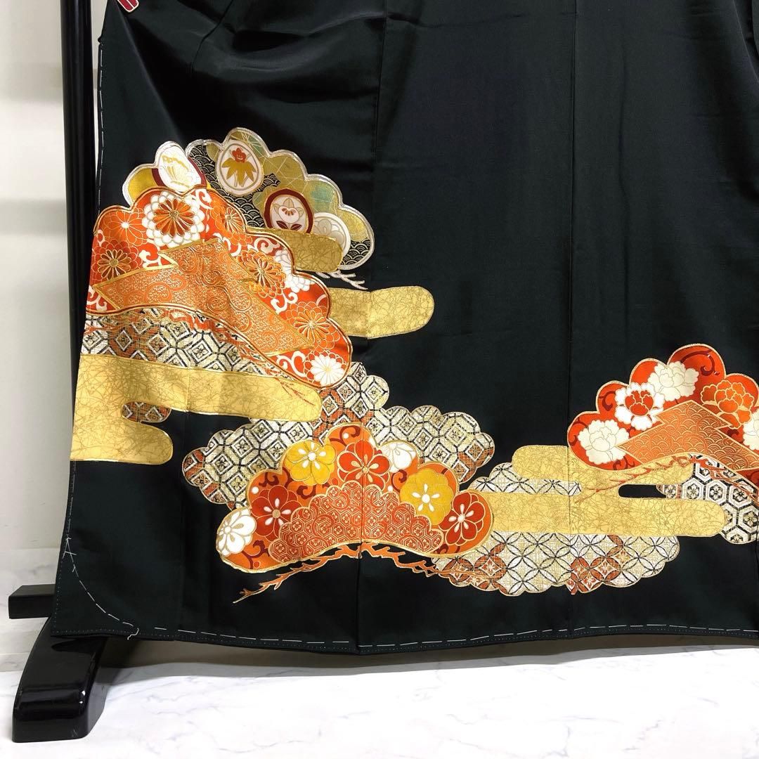 黒留袖 五つ紋 金駒刺繍 比翼付き 松 ヱ霞 菊花 青海波 着物 103tz
