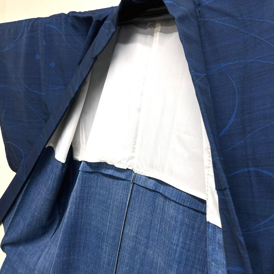 小紋　花模様　流線　横縞　ネイビーカラー　胴抜き　バチ襟　着物　102tz 小紋 花模様 流線 横縞 ネイビーカラー 胴抜き バチ襟 着物 102tz