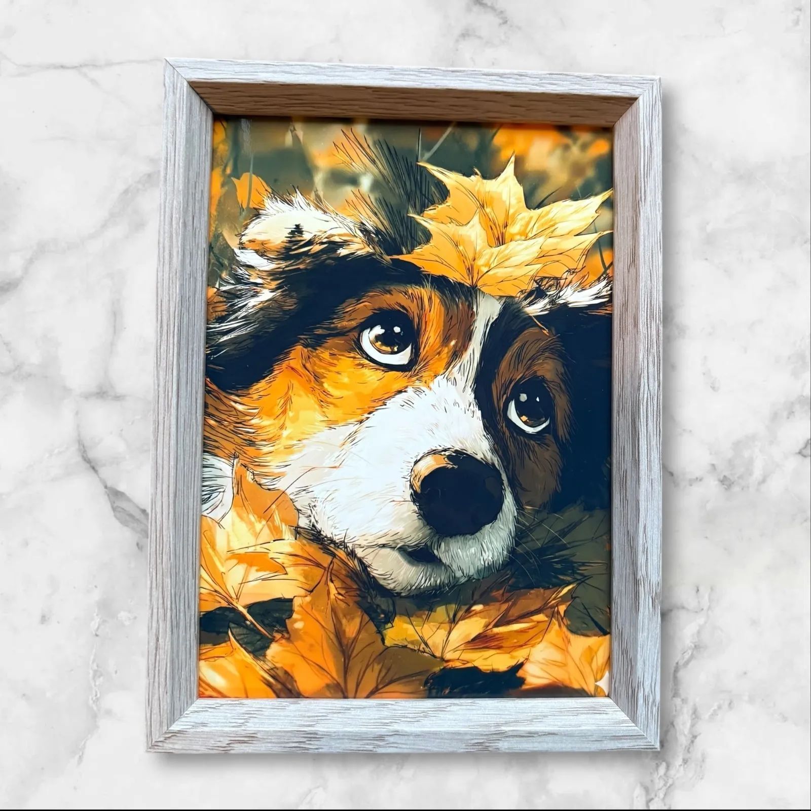 犬のイラスト アート作品 フレーム付き 2L版 額付きアート 絵画 犬 イラスト 秋 葉 ペット アート フレーム