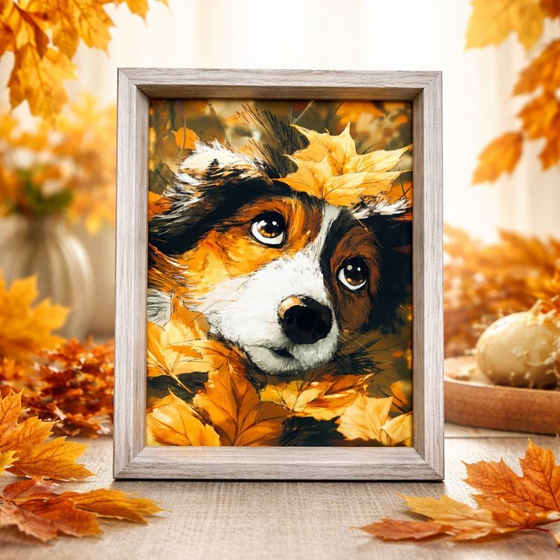 2L版 額付きアート 絵画 犬 イラスト 秋 葉 ペット アート フレーム