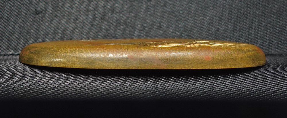 ☆在銘 寿景 素銅地利根川之図 前金具 片切彫 毛彫 金銀象嵌 細密金工