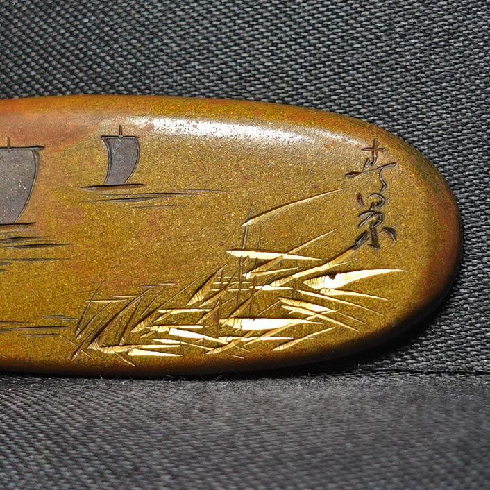 赤銅地容彫蝉図目貫 無銘 高肉彫 金銀象嵌 毛彫 再生復活 cicada