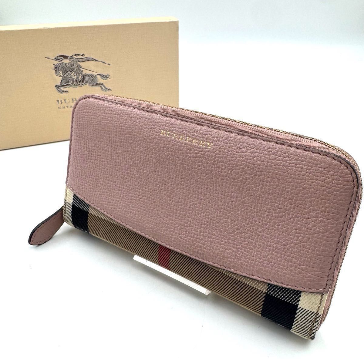 BURBERRY　バーバリー　ノヴァチェック　ラウンドファスナー　ピンク 美品】BURBERRY バーバリー 長財布 ノバチェック ラウンドファスナー