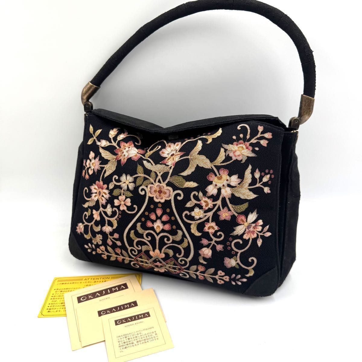 希少 皇室御用達】岡重 OKAJIMA ハンドバッグ 花柄 和装バッグ シルク