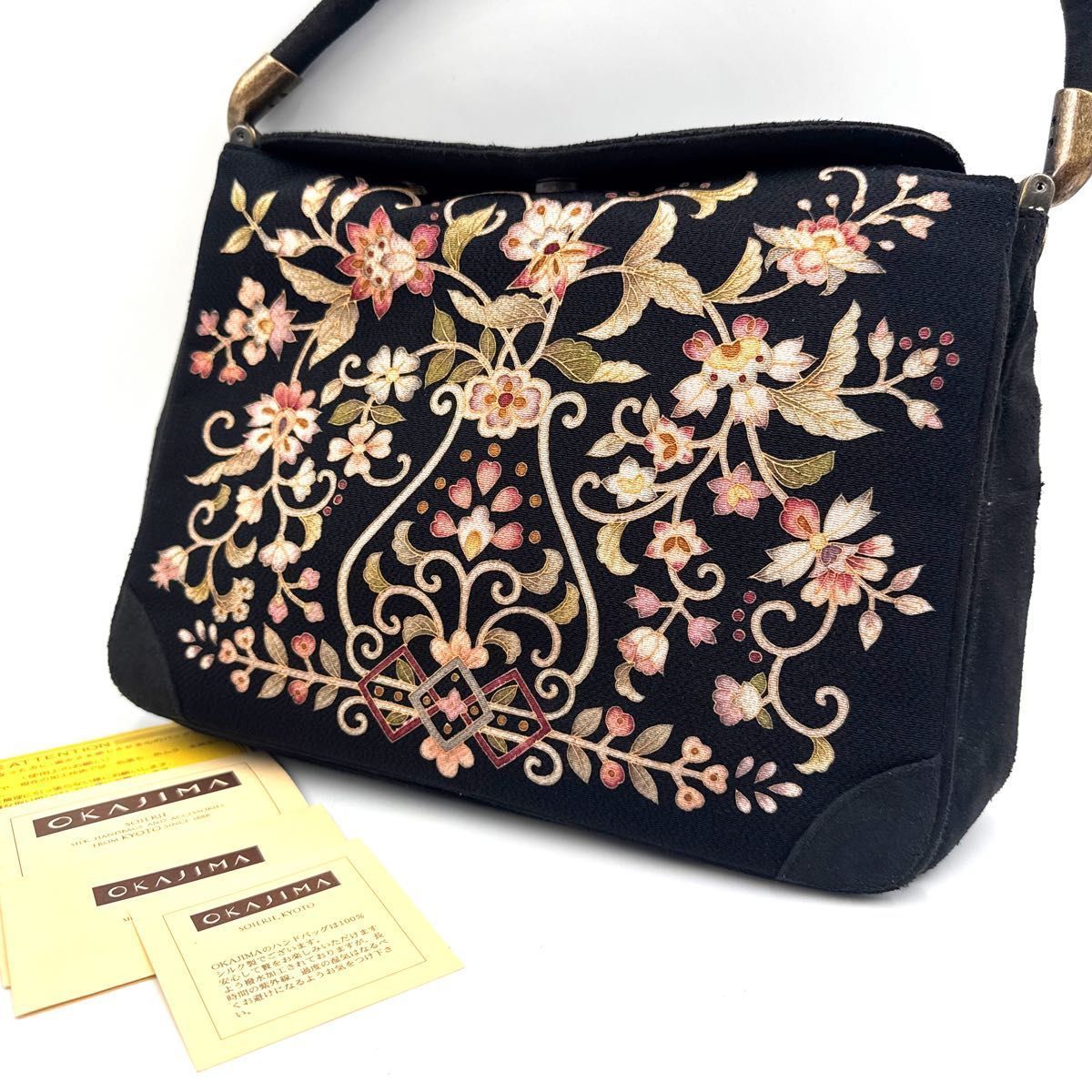 希少 皇室御用達】岡重 OKAJIMA ハンドバッグ 花柄 和装バッグ シルク