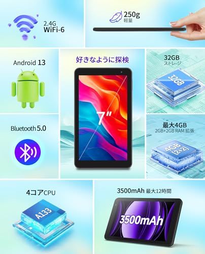 タブレット 7インチ Android 13 wi fiモデル 4 GB 32 1 TB SD拡張 4コアCPU 3500 mAh BT 5 2 WIFI 6 GMS Type C充電 1024 600 IP 2640 bbe 7