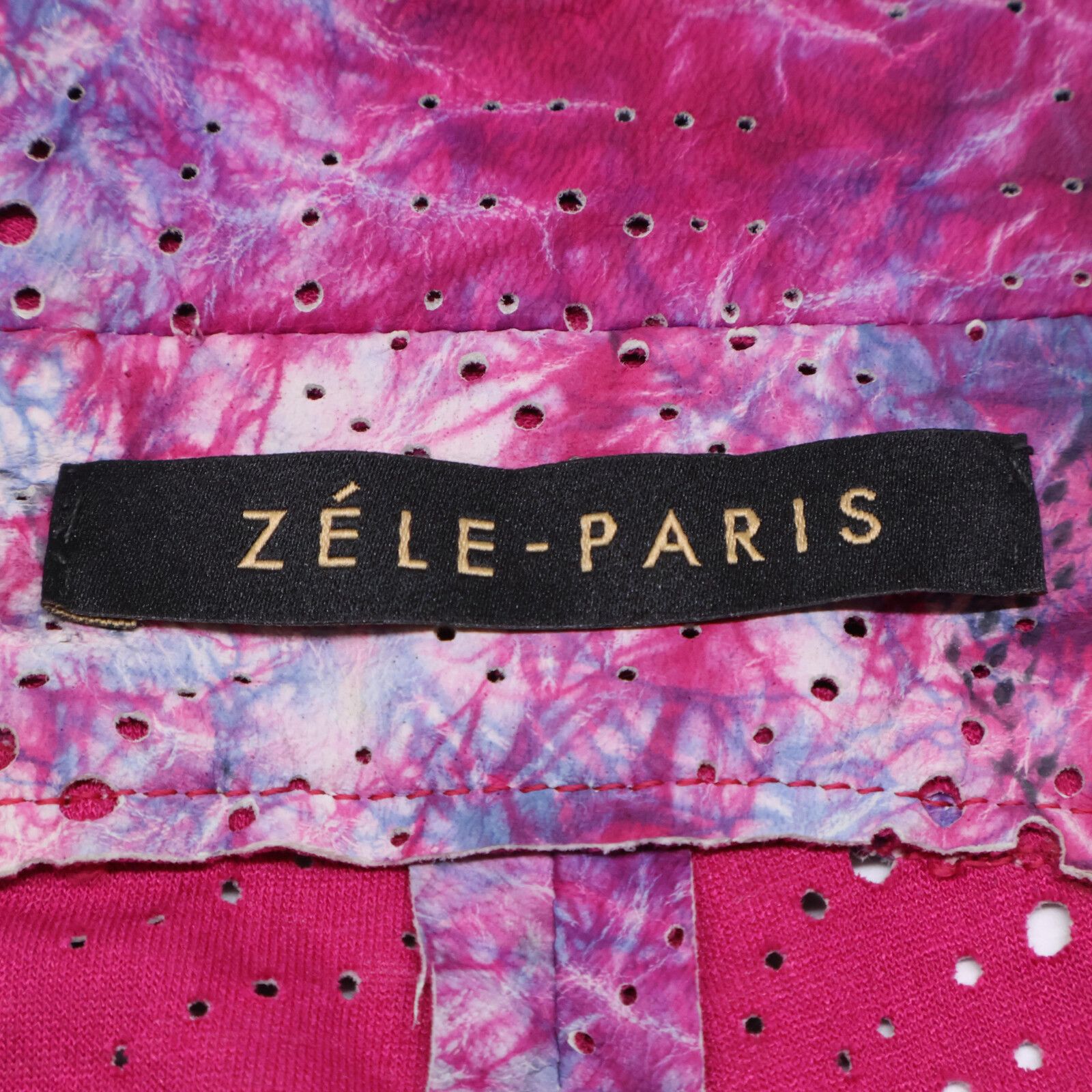 ZELE-PARIS ゼルパリ ﾋﾟﾝｸ×ﾊﾟｰﾌﾟﾙ ﾀｲﾀﾞｲ柄ﾊﾟﾝﾁﾝｸﾞｱｼﾝﾒﾄﾘｰﾚｻﾞｰｼﾞｬｹｯﾄ  