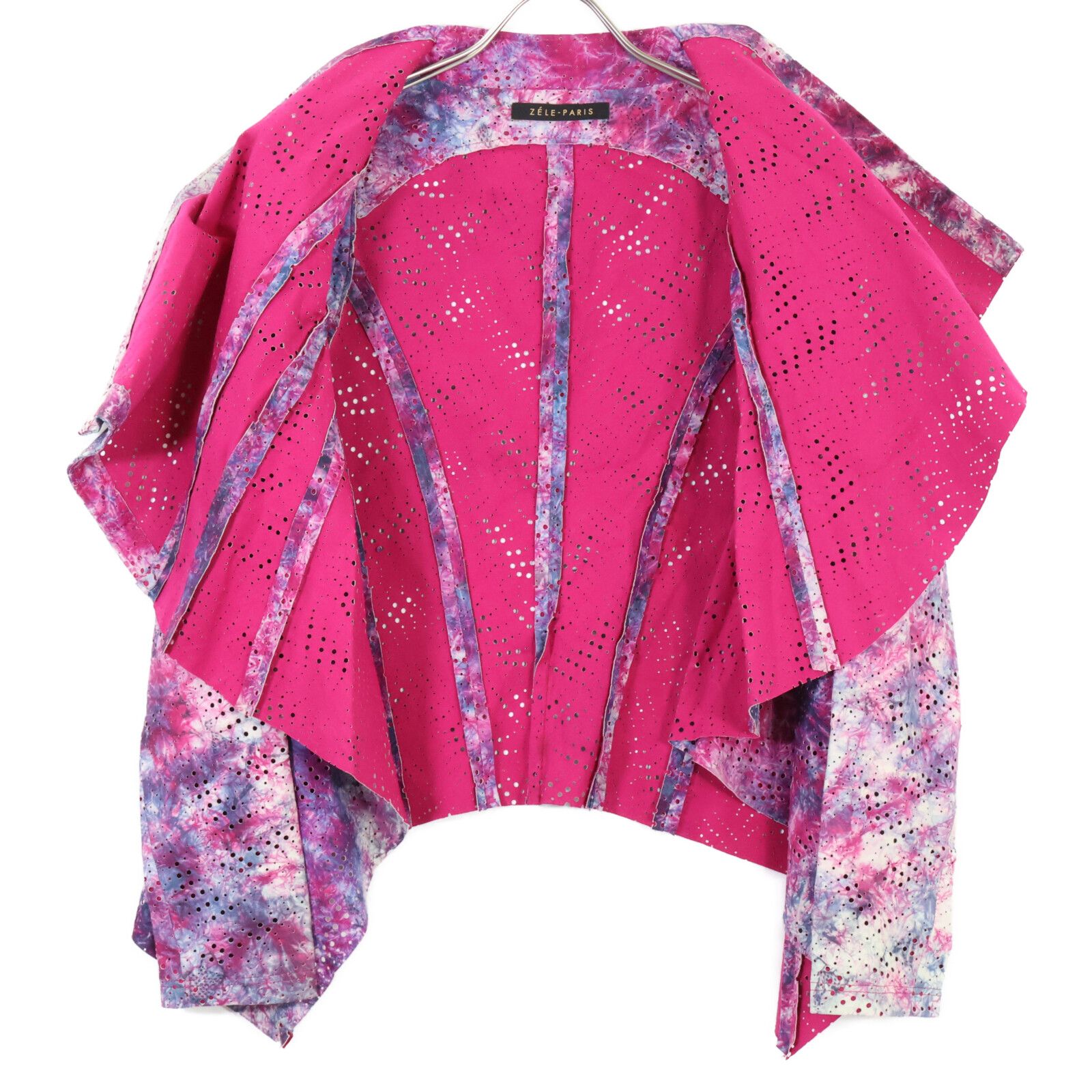 ZELE-PARIS ゼルパリ ﾋﾟﾝｸ×ﾊﾟｰﾌﾟﾙ ﾀｲﾀﾞｲ柄ﾊﾟﾝﾁﾝｸﾞｱｼﾝﾒﾄﾘｰﾚｻﾞｰｼﾞｬｹｯﾄ  