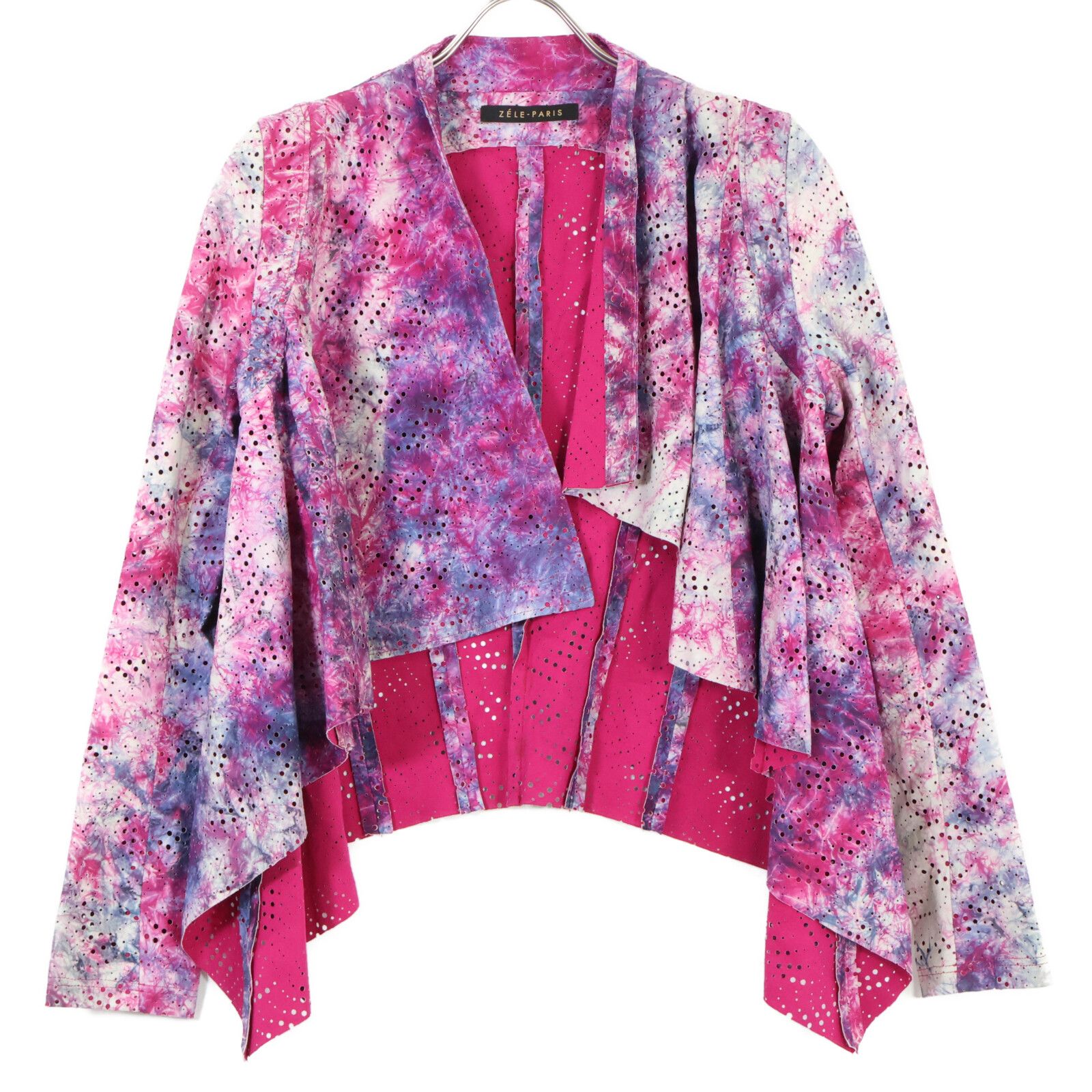 ZELE-PARIS ゼルパリ ﾋﾟﾝｸ×ﾊﾟｰﾌﾟﾙ ﾀｲﾀﾞｲ柄ﾊﾟﾝﾁﾝｸﾞｱｼﾝﾒﾄﾘｰﾚｻﾞｰｼﾞｬｹｯﾄ  