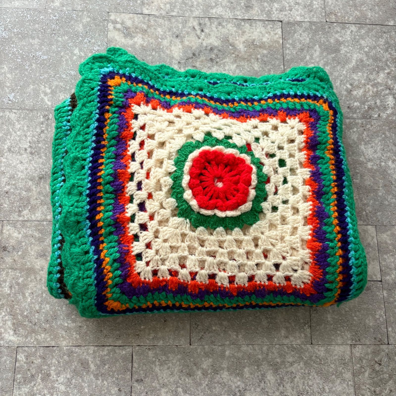 BQJO クロシェ ニット ラグ ビンテージ グラニースクエア マルチカラー