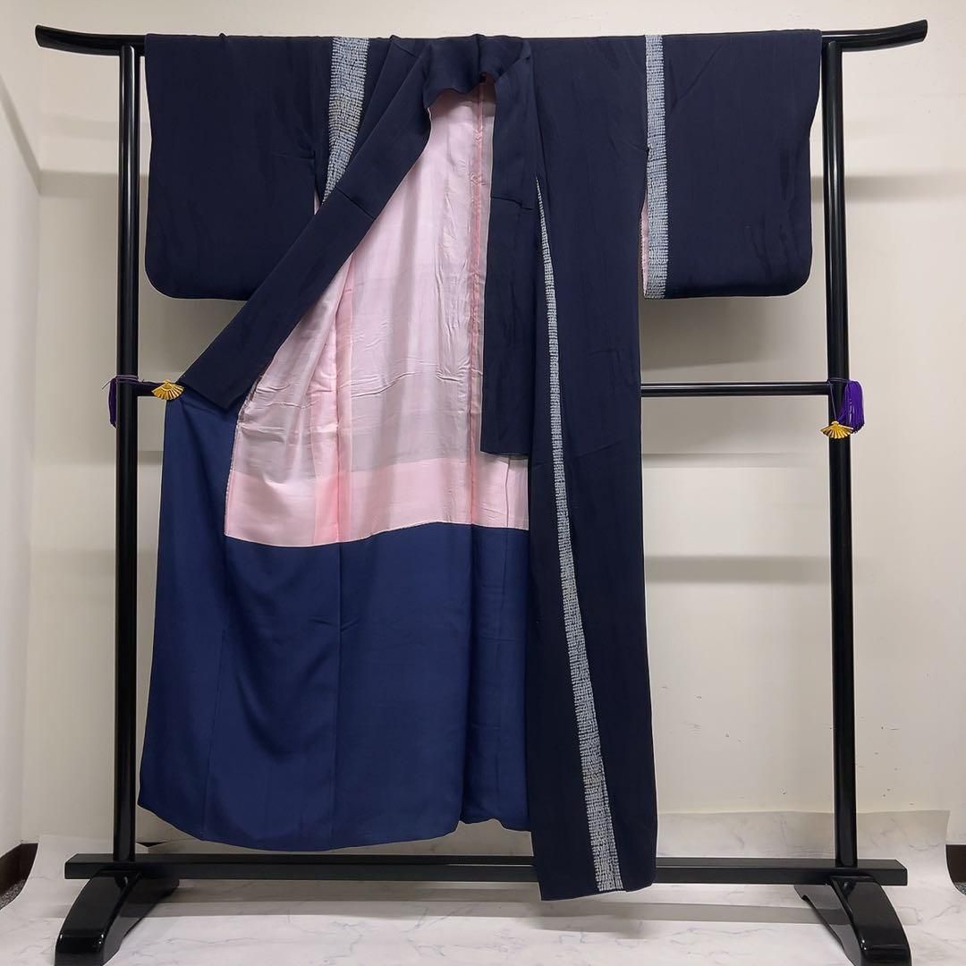 セミアンティーク　小紋　藍染　板締め　縦縞　ネイビー 着物　101tz セミアンティーク 小紋 藍染 板締め 縦縞 ネイビー 着物 101tz 【公式