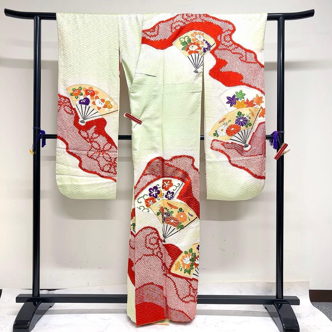 振袖 金彩 金駒刺繍 絞り 扇 松竹梅 四季花模様 紗綾形地紋 着物 094tz