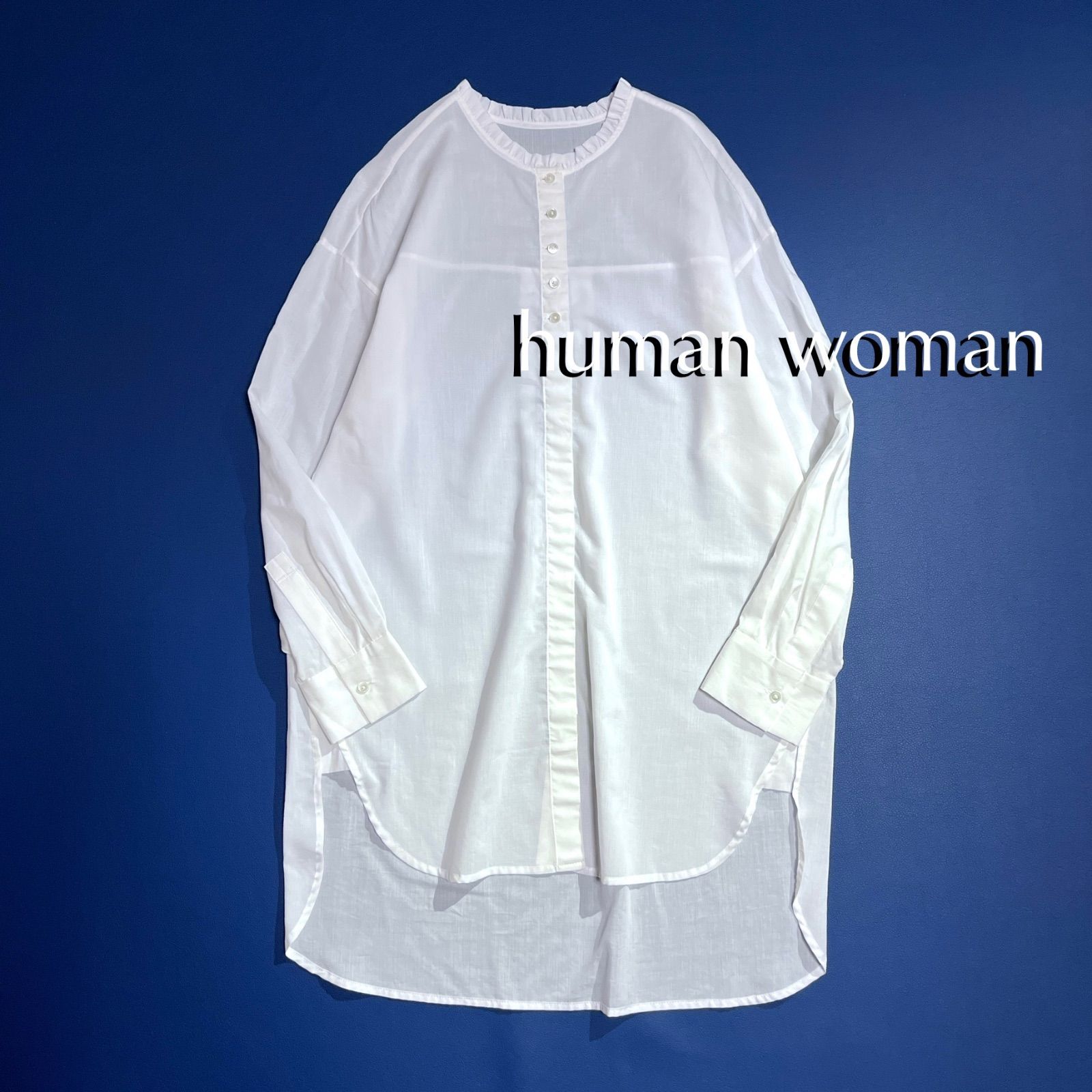 cY46 human women フリルカラーチュニックブラウス ヒューマンウーマン トップス 長袖 バンドカラー ノーカラー フリル ロング丈 チュニック丈 シャツ ブラウス ホワイト 白 春夏 HUMAN WOMAN 17,600円 cY46 human women フリルカラーチュニックブラウス ヒューマンウーマン