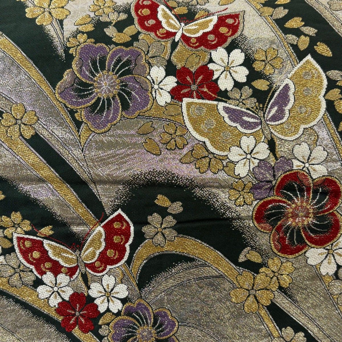 袋帯 秀品 蝶 桜 箔 金銀糸 深緑 六通 正絹 【中古】 - メルカリ