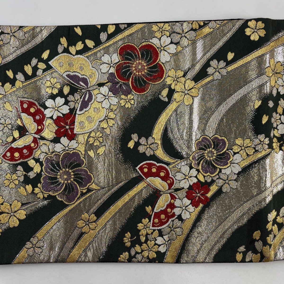 袋帯 秀品 蝶 桜 箔 金銀糸 深緑 六通 正絹 【中古】 - メルカリ