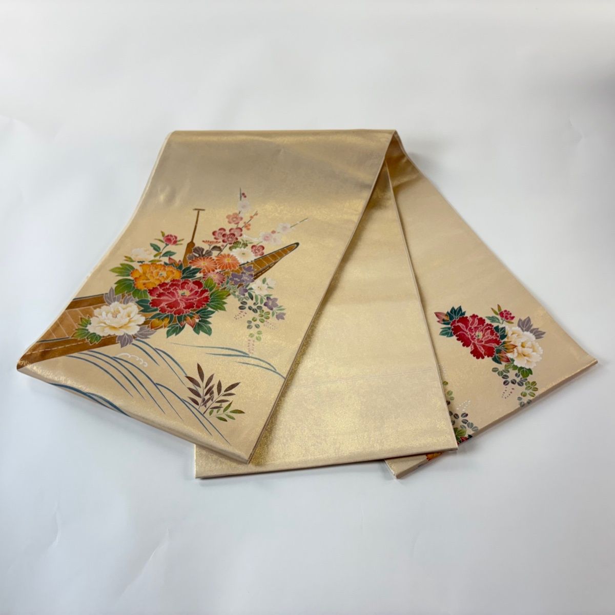 ☆お太鼓袋帯 金彩草花丸文様 正絹 未着用保管品☆J39 平和屋- ☆お太鼓袋帯 金彩草花丸文様 正絹 未着用保管品☆J39 平和屋-