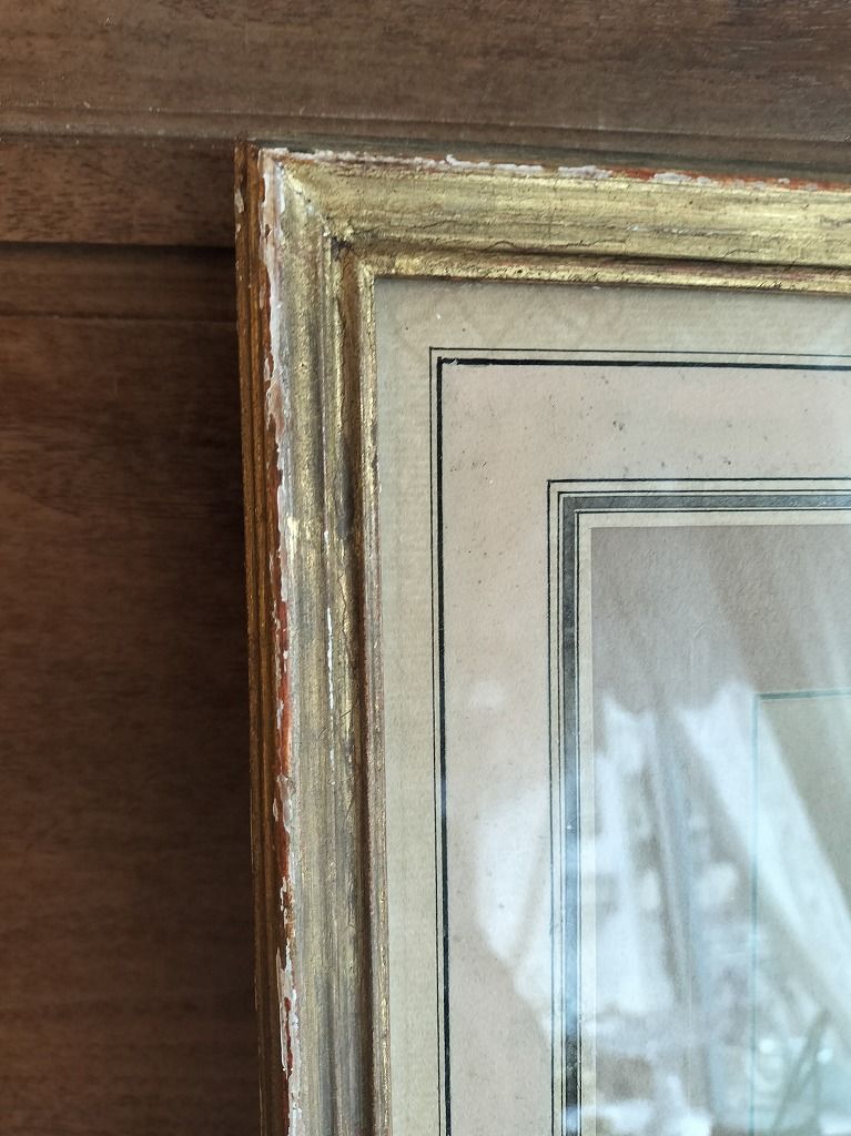 フランス アンティーク 木製 ファッションイラスト付き フレーム 額