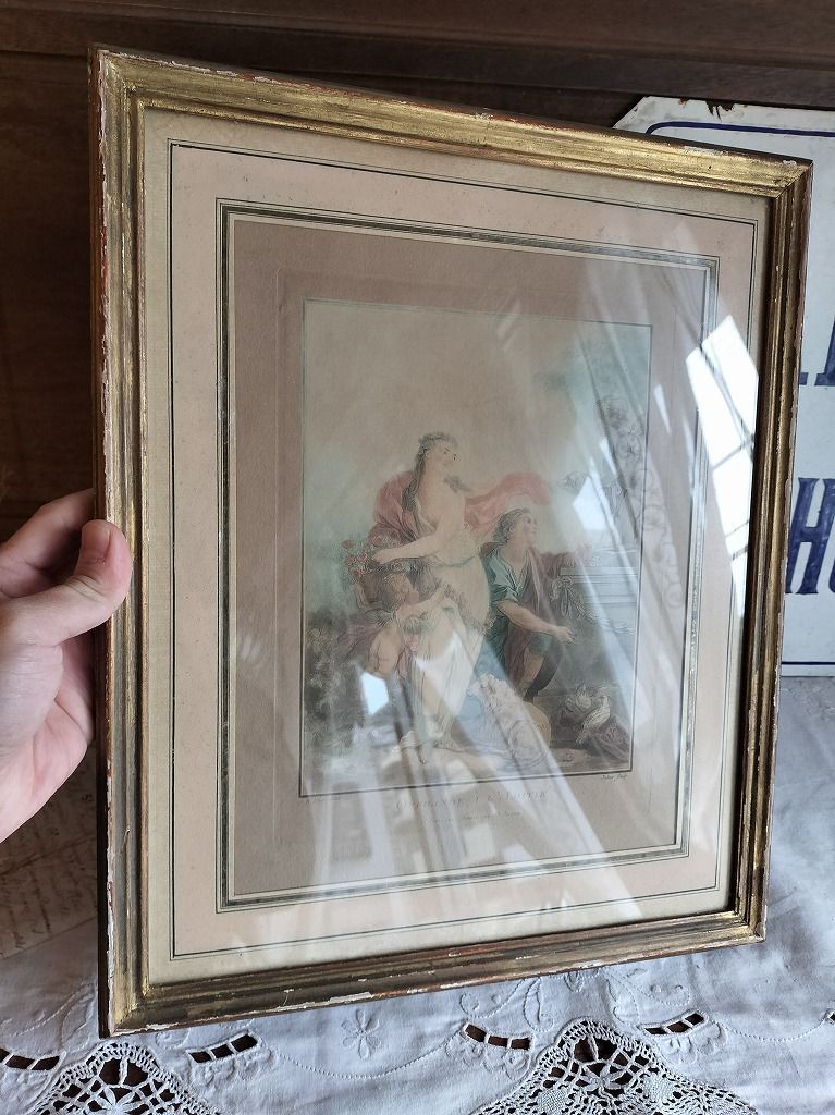 フランス アンティーク 木製 イラスト付き 天使 フレーム 額 1900