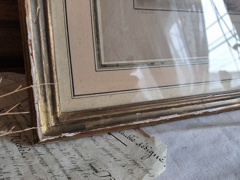 フランス アンティーク 木製 イラスト付き 天使 フレーム 額 1900