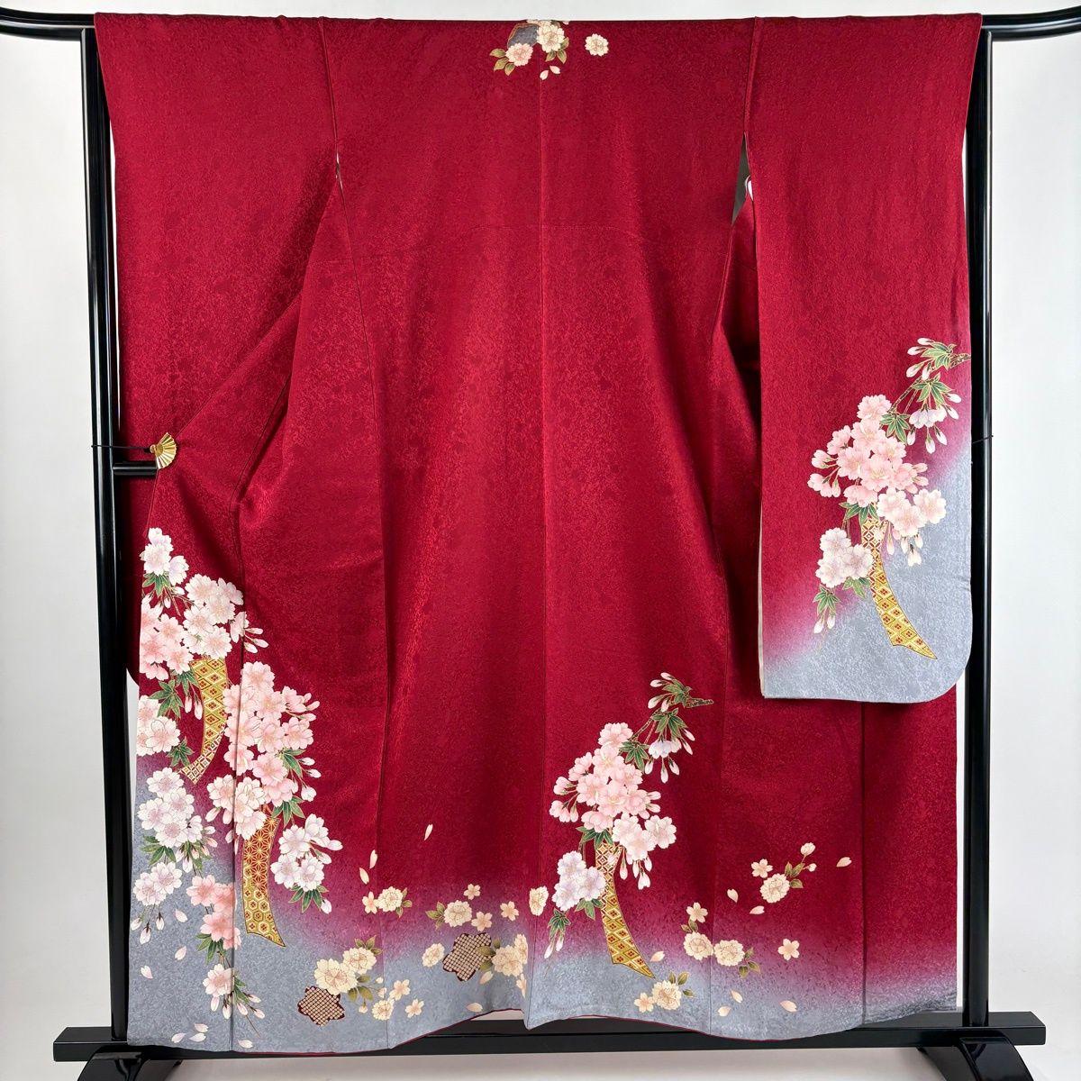 振袖 身丈158cm 裄丈65cm M 袷 桜 短冊 金彩 染め分け 赤 正絹 秀品