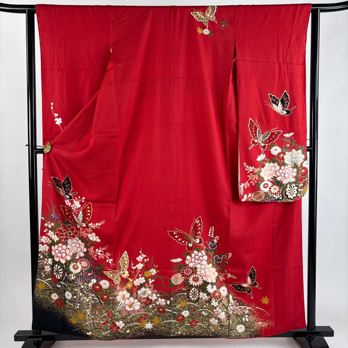 美品】 振袖 身丈159cm 裄丈63cm S 袷 蝶 花車 金糸 金彩 赤 正絹 秀品