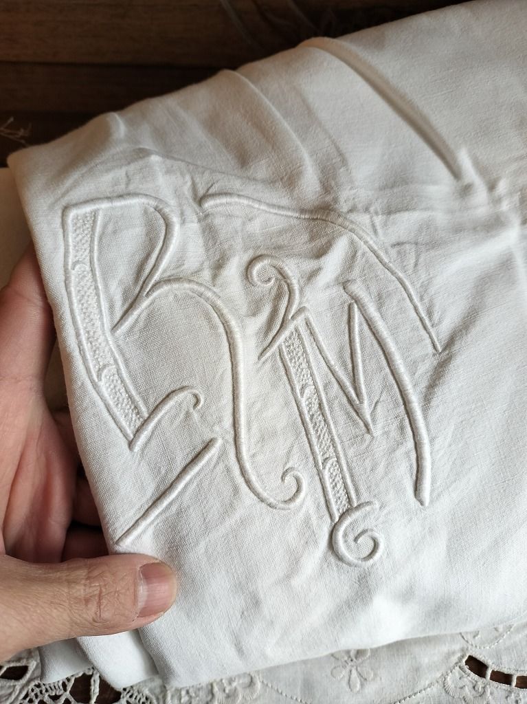 フランス アンティーク リネン 無地 シーツ 大 モノグラム 刺繍