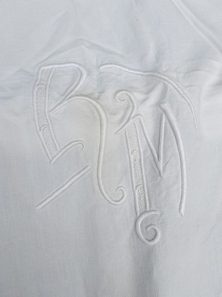 フランス アンティーク リネン 無地 シーツ 大 モノグラム 刺繍