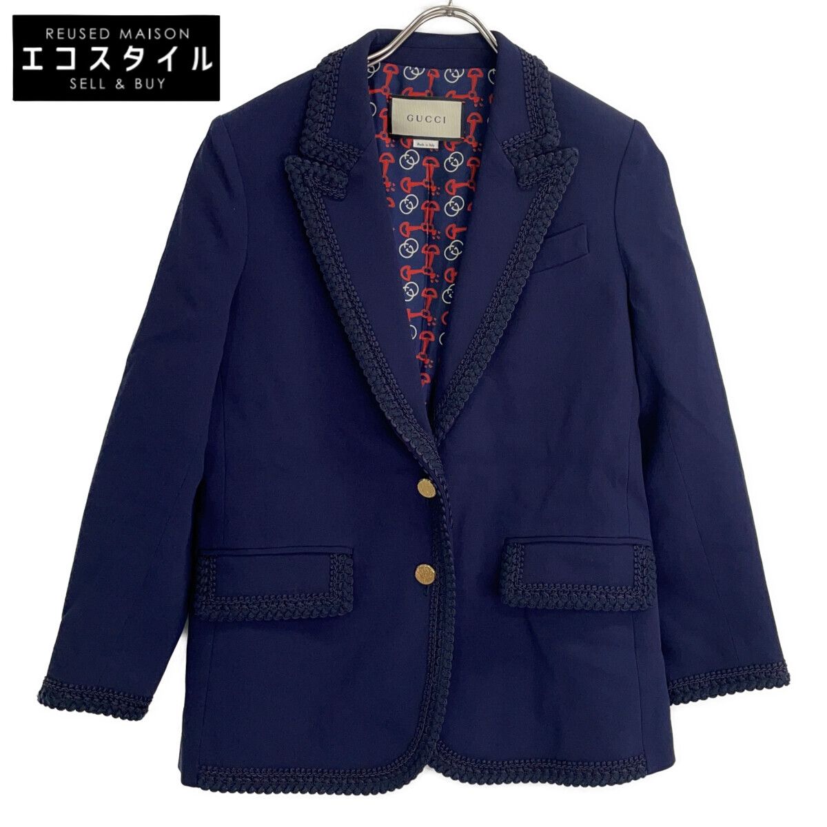 GUCCI グッチ 610946 ZKR01 ﾈｲﾋﾞｰ ﾚｰﾖﾝ混 GGﾗｲﾆﾝｸﾞ 金釦ﾃｰﾗｰﾄﾞｼﾞｬｹｯﾄ