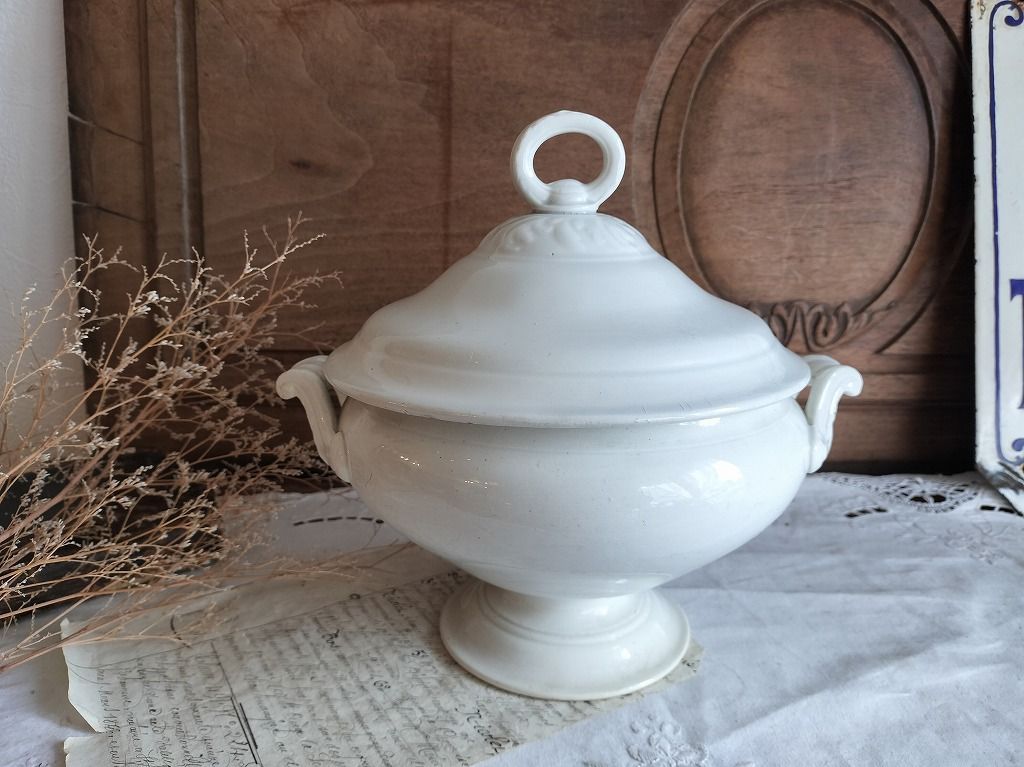 フランス アンティーク 白い 素敵な 蓋つき スーピエール クレイユ