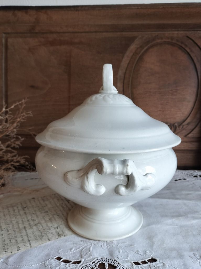 フランス アンティーク 白い 素敵な 蓋つき スーピエール クレイユ
