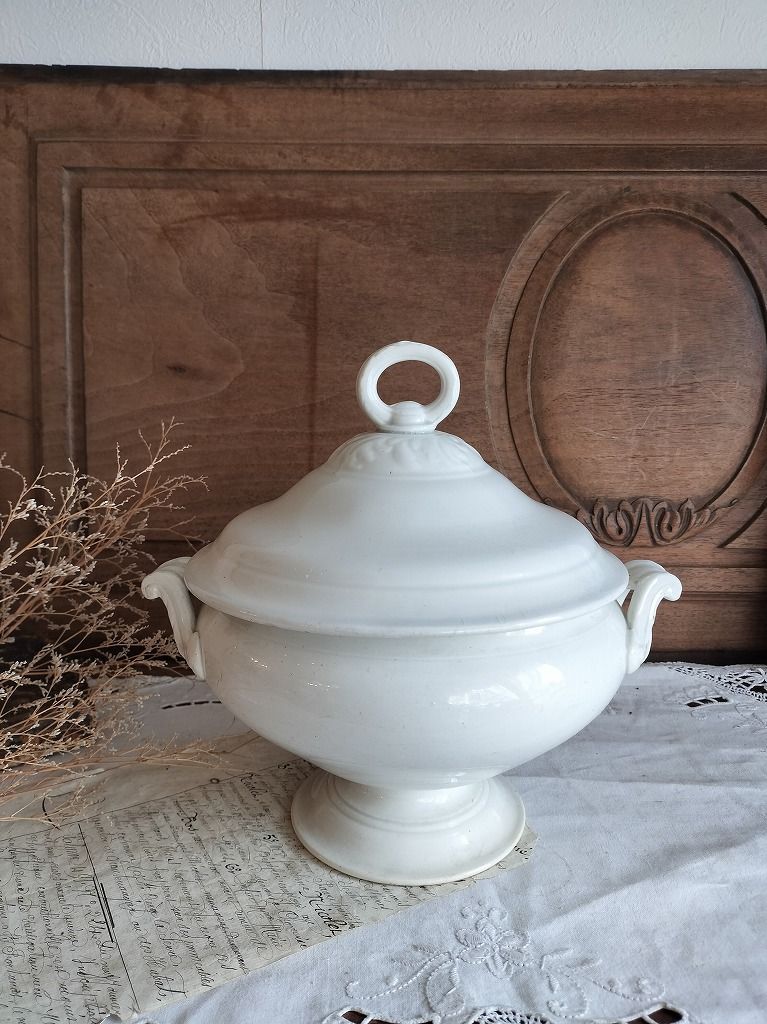 フランス アンティーク 白い 素敵な 蓋つき スーピエール クレイユ