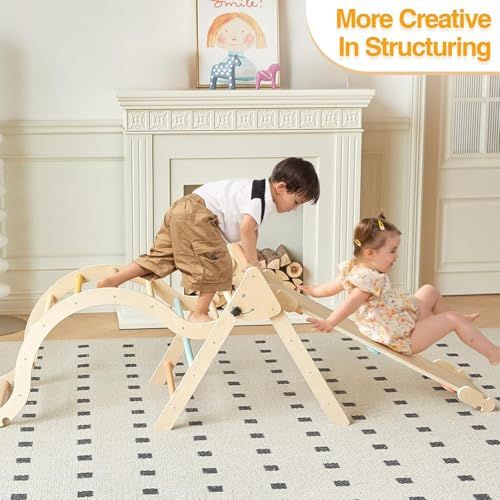 パステル 5 in 1 ピクラー クライミングセット スライディングランプ＆クライミングアーチランプ付き 折りたたみ式木製トドラークライミングおもちゃ の子供用室内ジャングルジム モンテッソーリ m