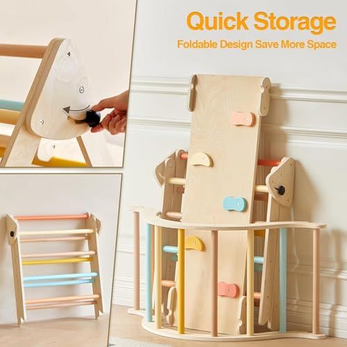 スライディングランプ＆クライミングアーチランプ付き 折りたたみ式木製トドラークライミングおもちゃ