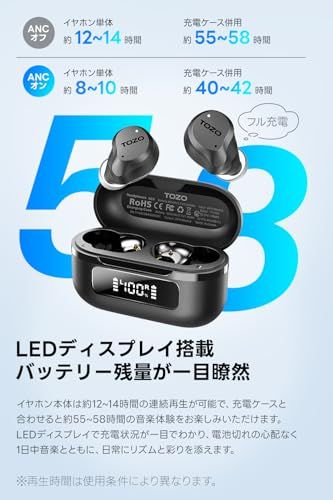 VGP 2026 受賞 TOZO NC 9 イヤホン bluetooth ワイヤレスイヤホン ANC ENC ノイズキャンセリング 45 dB低減 小型軽量 中低音域 暖色系音質 カスタムEQ アプリ対応 外音取り込み AIチャット 音声通訳会 dddd 1544 その他 キッチン 食器