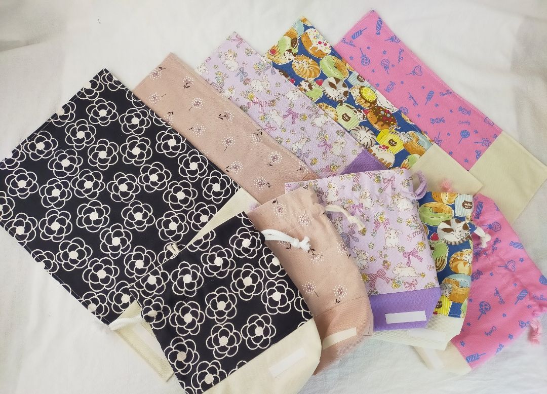 なつ③ 花柄ピンク＆パープル 上靴袋 お弁当袋 コップ袋 ランチョンマット なつ③ 花柄ピンク＆パープル 上靴袋 お弁当袋 コップ袋 ランチョン