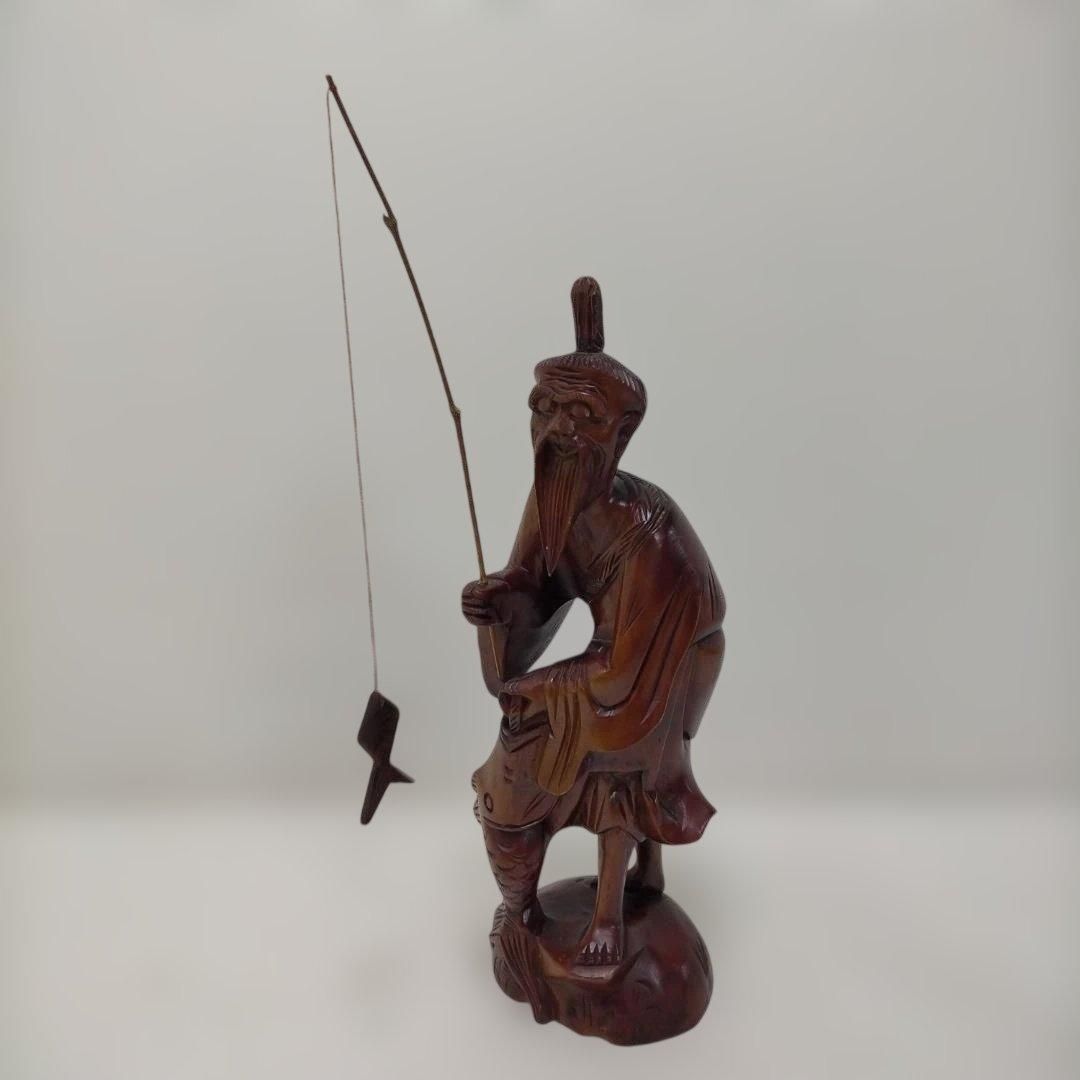 木製 釣り人形 置物 木彫り 釣り人 置物 人物像 彫刻 木製 和風 民芸 釣り 魚 オブジェ