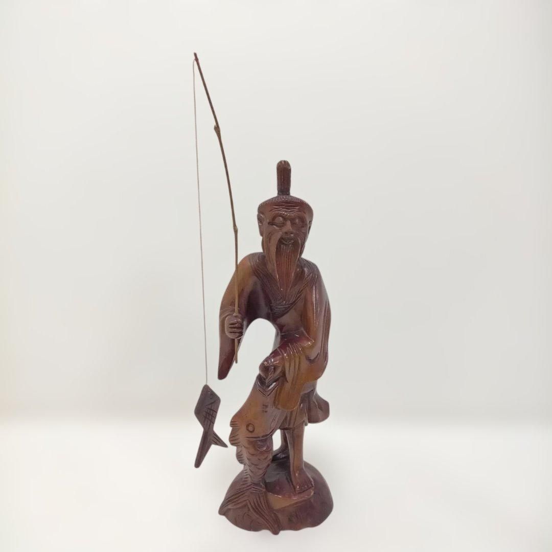 木彫り 釣り人 置物 人物像 彫刻 木製 和風 民芸 釣り 魚 オブジェ