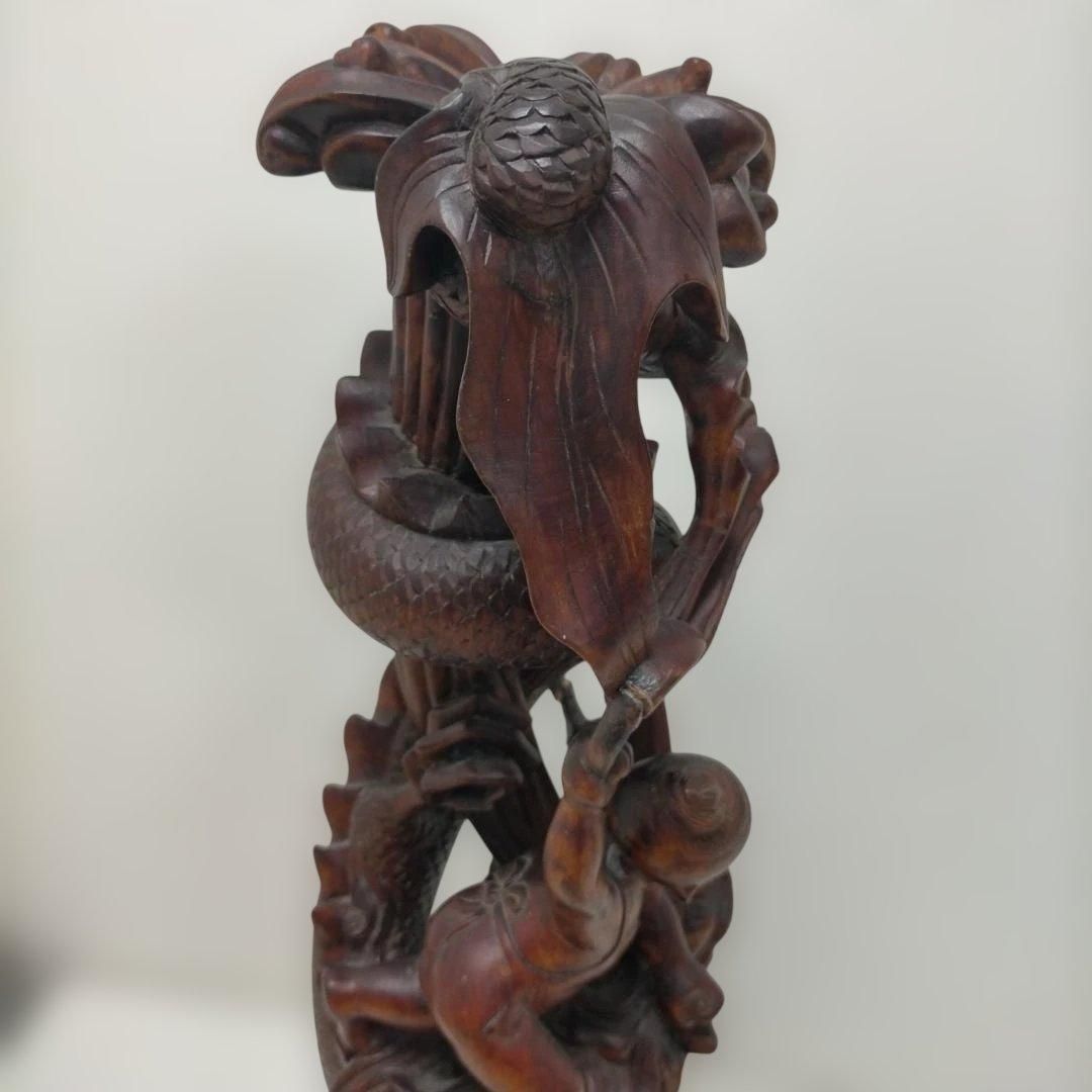  骨董品 木彫 彫刻 童子と龍 立体彫刻 古美術 置物 飾り物 インテリア 和風 中国美術 唐木風 古道具 高さ約45cm 時代物 260113 1T ペン立て 置物 インテリア小物