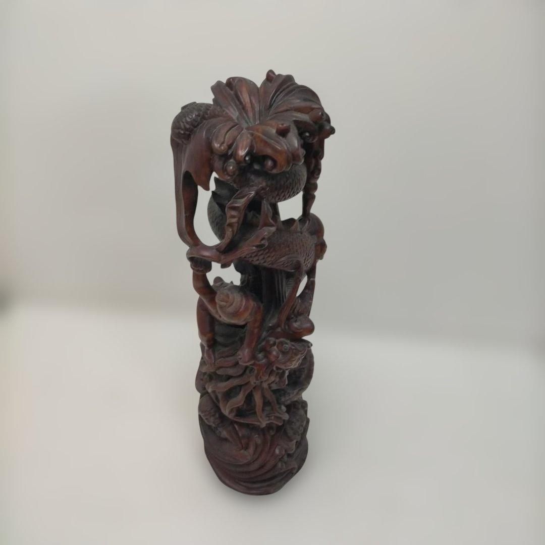 骨董品 木彫 彫刻 童子と龍 立体彫刻 古美術 置物 飾り物 インテリア 和風 中国美術 唐木風 古道具 高さ約45cm 時代物 260113 1T
