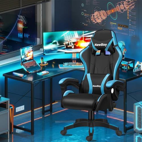 GAMXTRM ゲームチェア ゲーミングチェア デスクチェア パソコンチェア 椅子 リクライニング ハイバック ヘッドレスト ランバーサポート ひじ掛け付き 高さ調整機能 PUレザー 黒と青 e cffa 5 df 3