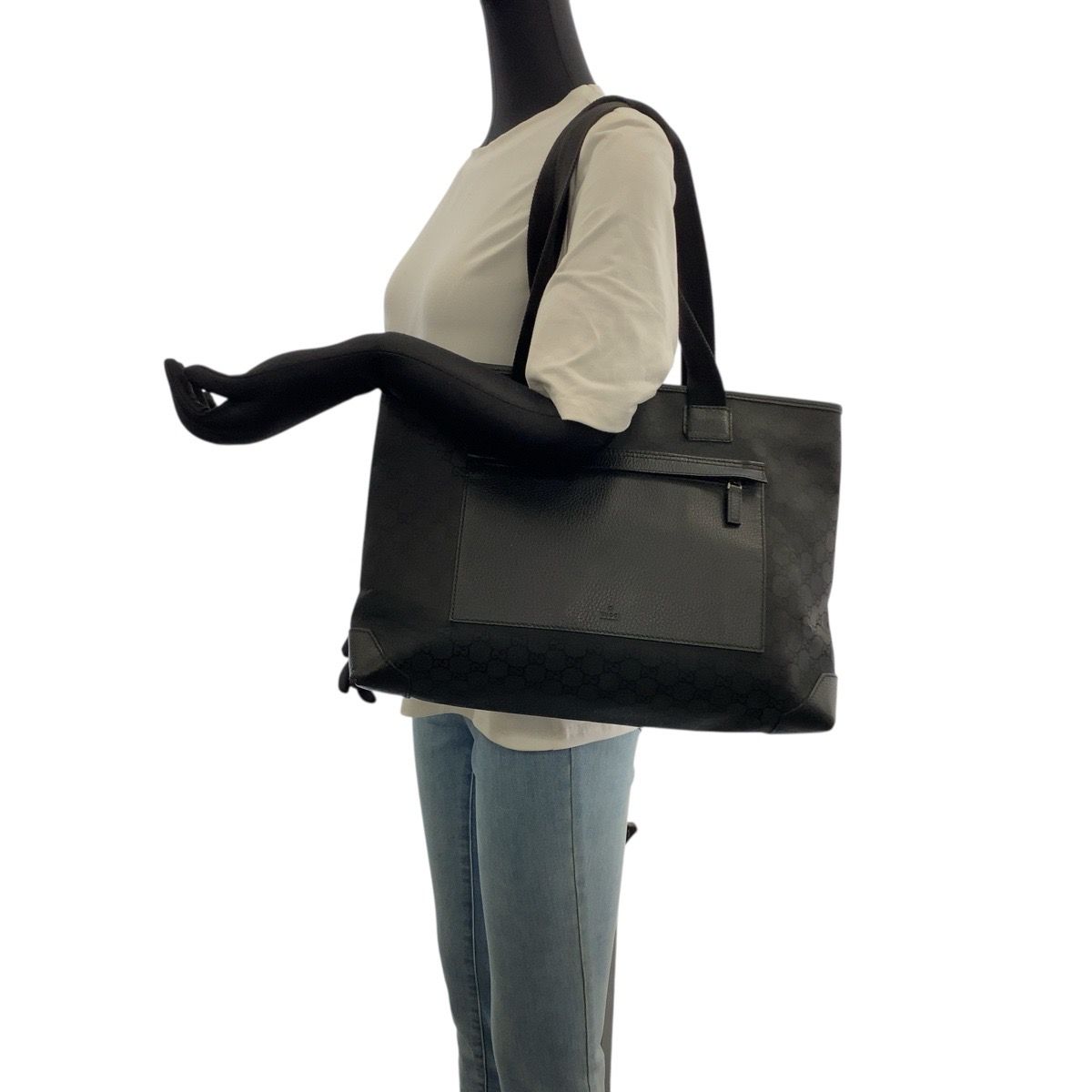■GUCCI（グッチ）美品 /ナイロン×レザー/ハンドバッグ/ブラック 黒 GUCCI グッチ ブラック 黒 シルバー金具 ナイロン/レザー 180449